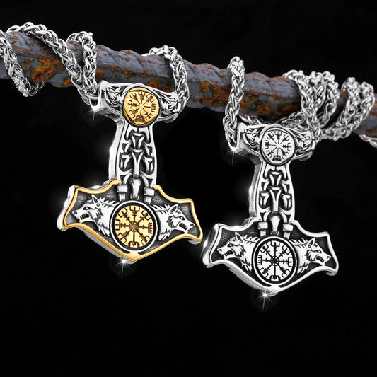 Double Wolf Thor Hammer Necklace
