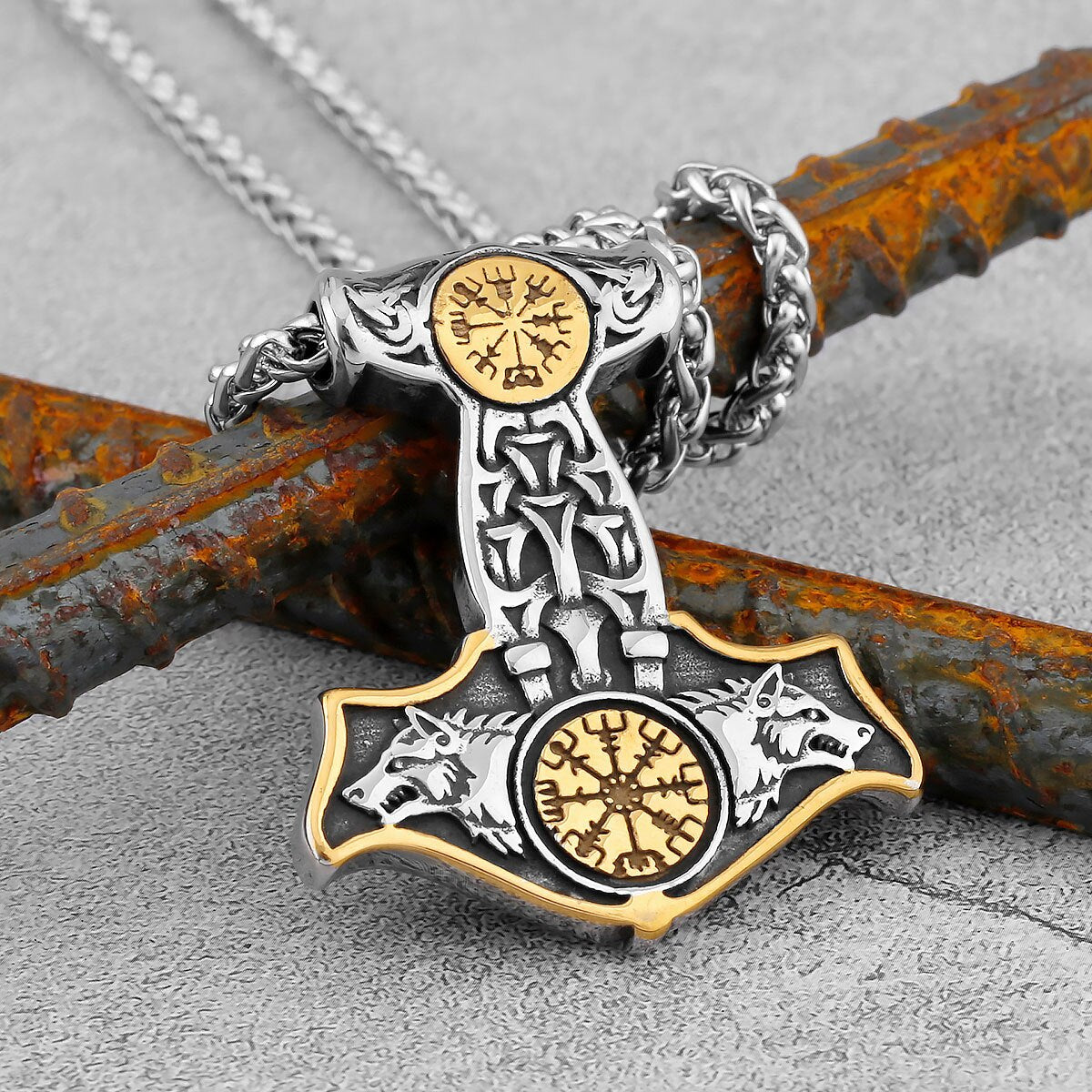 Doppelter Wolf Thor Hammer Halskette