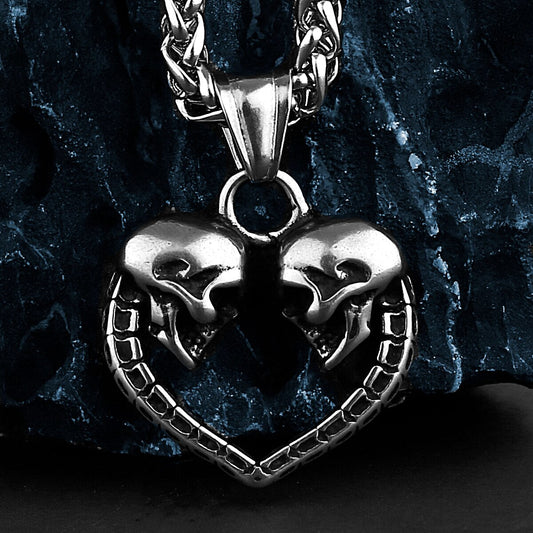 Double Skull Heart Necklace