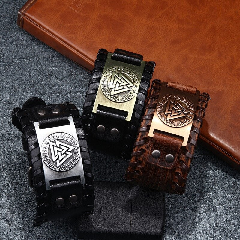 Viking Totem Wide Leather Bracelet